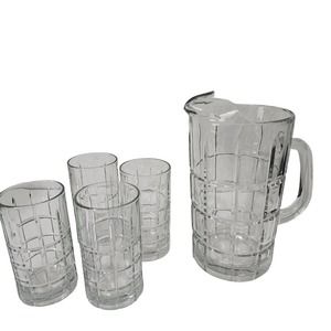 Vintage Anchor Hocking Manchester Heavy Glass‎ Tartan Pitcher and 4 Tall Glasses